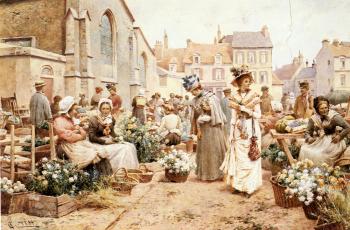 Alfred Glendening : Flower Market in a French Town